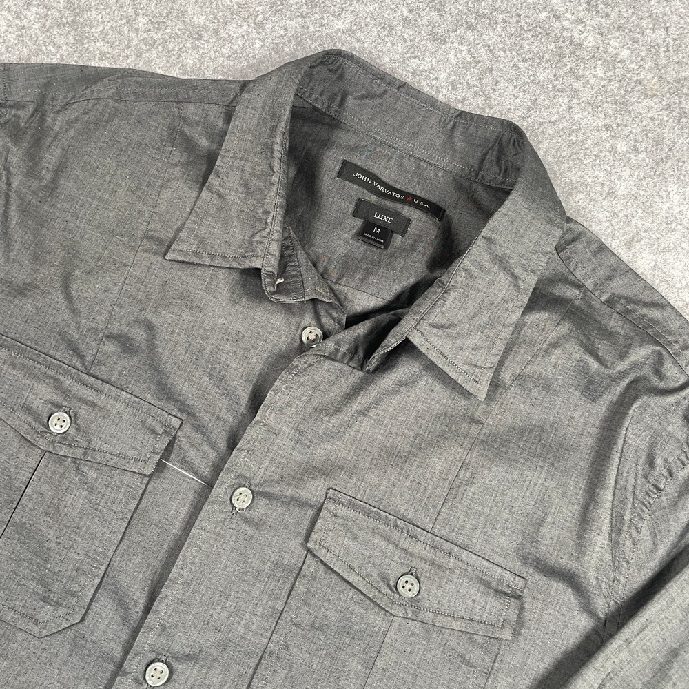John Varvatos USA Mens Button Up Shirt M Gray Luxe Stretch Military Pockets
